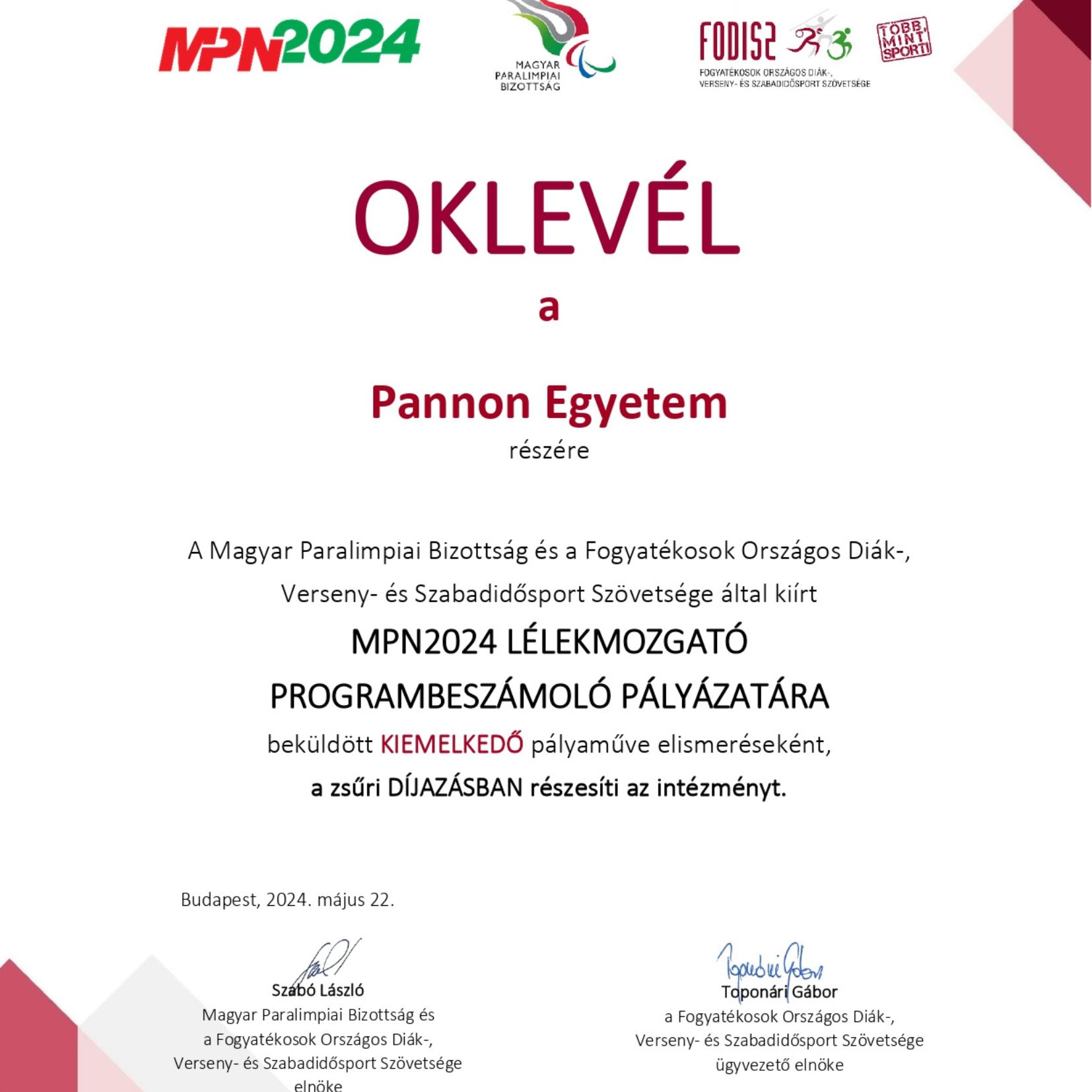 MPN2024 LÉLEKMOZGATÓ PROGRAMPÁLYÁZAT díj