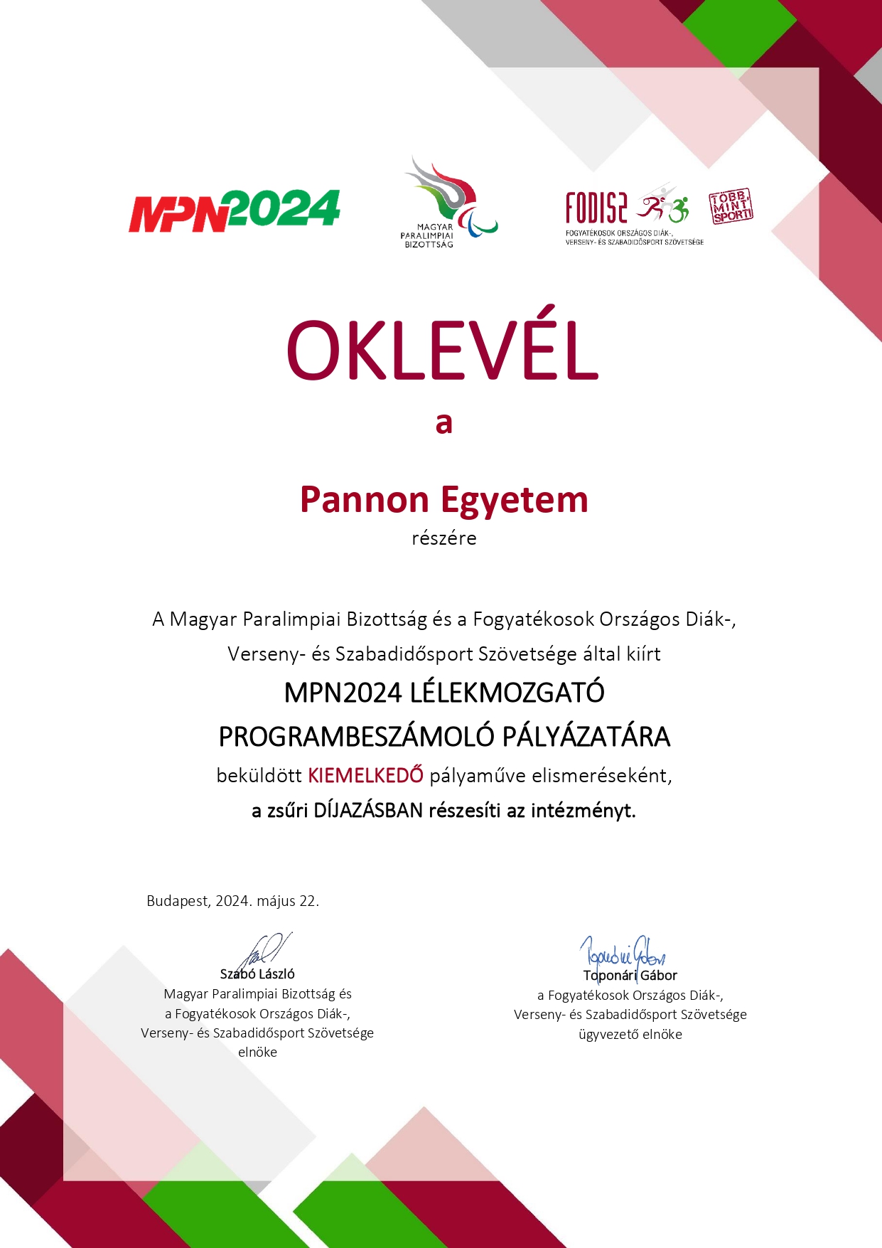 Pannon Egyetem Elismerő oklevél MPN2024 Programbeszamolo palyazat page 0001
